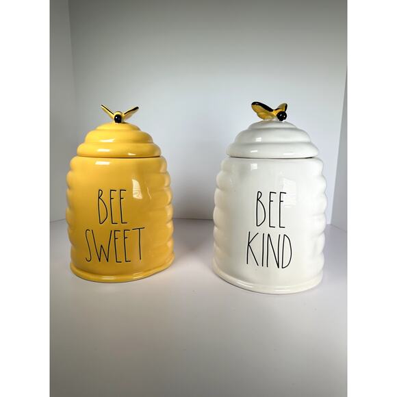Rae Dunn Bee Sweet (Yellow) & Bee Kind (White) Coil Storage Jars w/Bee Lids NWOT - Picture 1 of 13